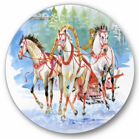 Designart - Galoping Horses With Carriage In The Snow - Farmhouse Metal Circle Wall Art